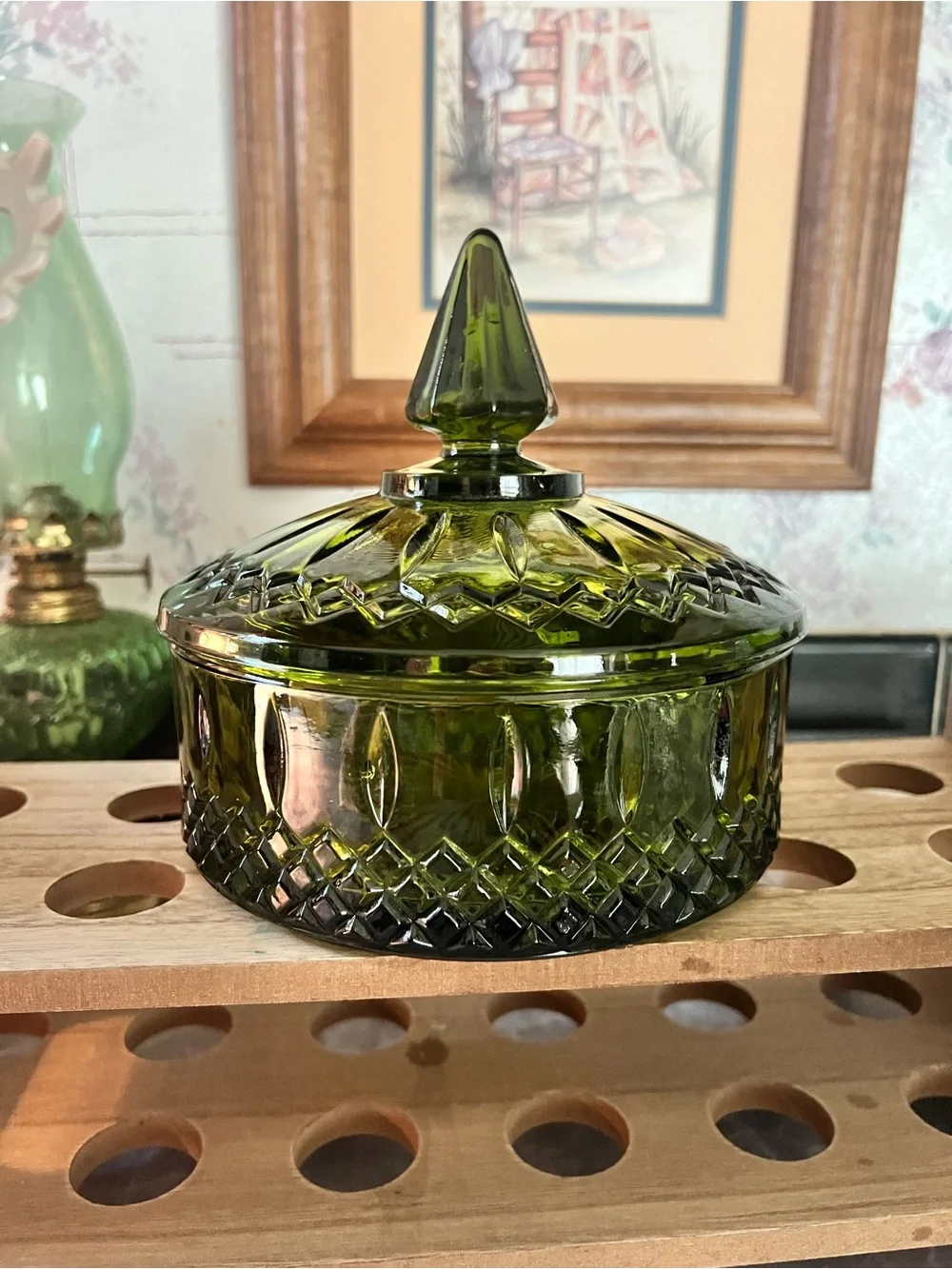 Vintage Indiana Glass candy dish in the Princess pattern and avocado green